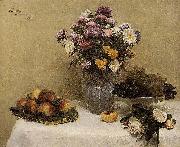 Henri Fantin-Latour White Roses, Chrysanthemums in a Vase, Peaches and Grapes on a Table with a White Tablecloth France oil painting reproduction
